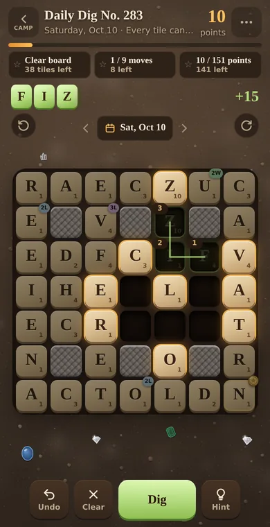 The Daily Dig in the Bedrock theme: sand tiles on warm brown stone